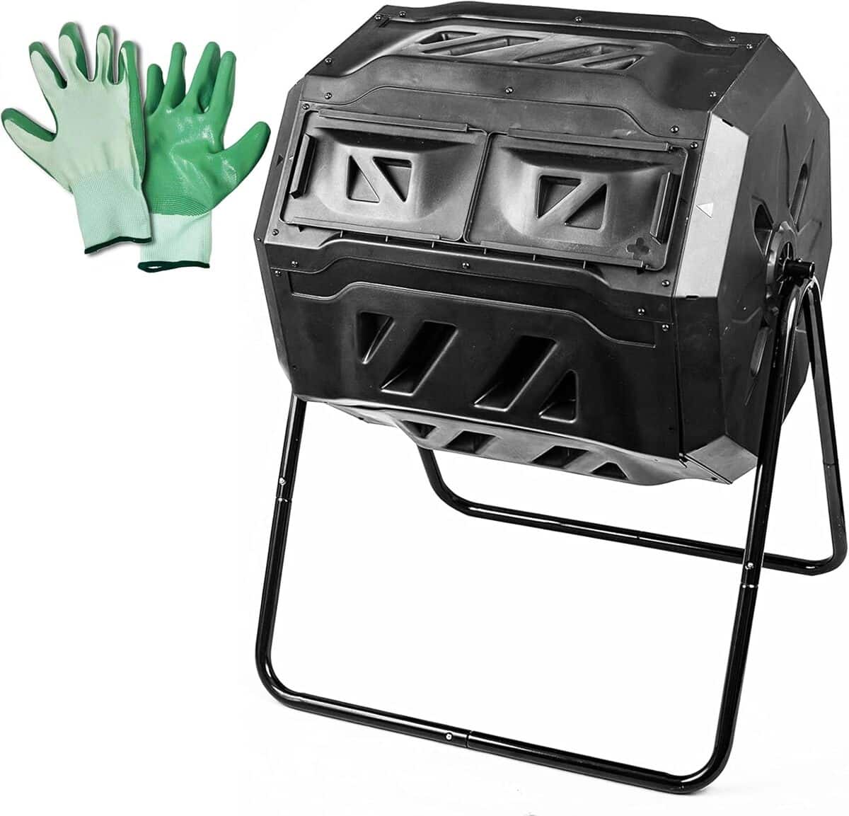 Test du composteur à double chambre MaxWorks 50891 avec gants