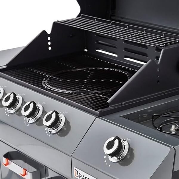 BRASERO - Barbecue Emma Gun Metal 4 Feux + 1 Side - FlexiGrill - Jusqu'à 12 convives - Surface de Cuisson 64 x 41,5 cm - 2 Tablettes Dont 1 brûleur latéral - 15,1 KW