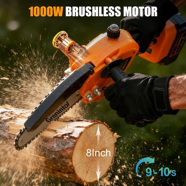Mini Tronçonneuse à Batterie 8 po 6000 mAh, 1000 W Moteur Sans Balais, avec Pompe à Huile & Verrou de Sécurité, Tronçonneuse Élec Sans Fil pour Branches, Jardin et Coupe Bois