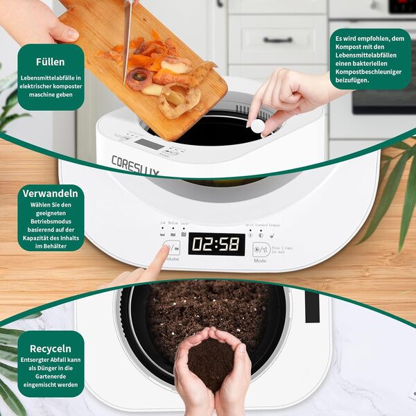 CORESLUX Composteur électrique de 4 l, blanc, bac à compost électrique de cuisine, transformez les déchets alimentaires en compost naturel