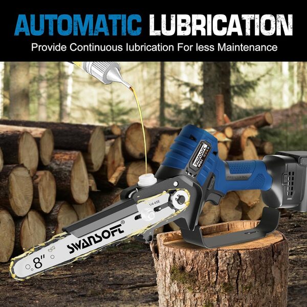 Tronçonneuse à batterie 8 pouces avec lubrification automatique, mini tronçonneuse à batterie professionnelle 600 W/2*4000 mAh/21 V, scie d'élagage électrique pour vergers, vignobles et coupe de bois