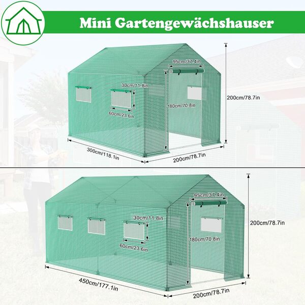 SUBTLETY Mini serre de jardin 4,5 x 2 x 2 m - Résistant à l'hiver - Avec 6 fenêtres et tube galvanisé et film grillagé - Pour tomates, plantes, fleurs, herbes, légumes