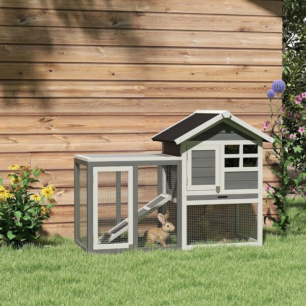 PawHut Clapier Cage à Lapins Multi-équipé : Niche supérieure avec Rampe, Plateau excrément, fenêtre + enclos extérieur sécurisé 2 Portes 123,5L x 62,6l x 92,5H cm Gris