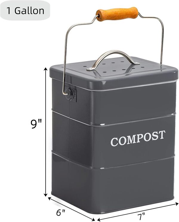 AVLA Poubelle à compost de cuisine en métal de 3,8 l, seau à compost pour déchets alimentaires, poubelle inodore avec couvercle, poubelle avec filtre à charbon, conteneur de comptoir