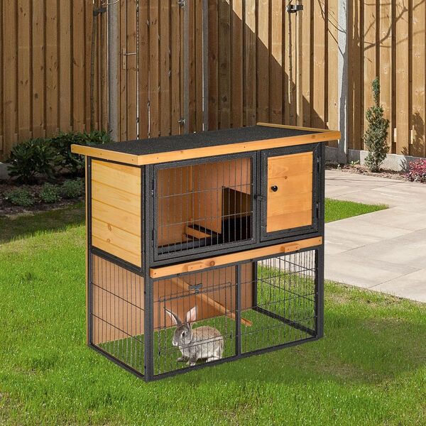 PawHut Clapier à Lapin Cage à Lapin 2 Niveaux 3 Portes verrouillables Rampe Toit ouvrant bitûmé métal époxy pin pré-huilé