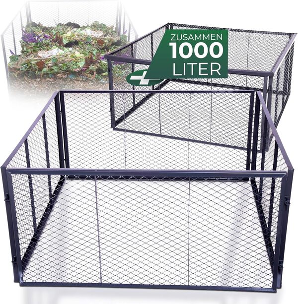 Novatool Composteur de jardin en métal 100 x 100 x 100 cm + couvercle ou sol, avec système d'emboîtement extensible, composteur en métal revêtu par pulvérisation avec 1000 litres de fil de fer, bac à