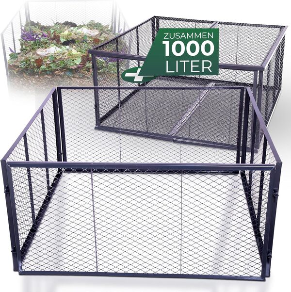 Novatool Composteur de jardin en métal 100 x 100 x 100 cm + couvercle et sol, avec système d'emboîtement extensible, composteur en métal revêtu par pulvérisation d'un volume de 1000 l, boîte de