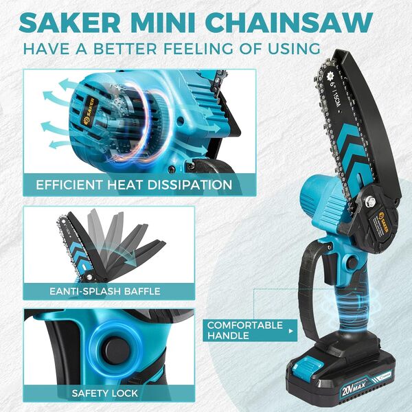 Saker Mini Chainsaw,6 Inch Portable Electric Chainsaw Cordless, Small Handheld Chain saw for Tree Branches,Courtyard, Household and Garden,By 2PCS 20V 1500mAh Batteries,Extra 3 PCS Chain