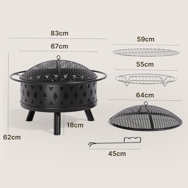 Xbro Brasero Exterieur pour Jardin Terrasses avec Pare-étincelles,2 en 1 Multifonctionnelle Brasero,Brasero Exterieur Barbecue avec Grille, avec Housse de Protection Imperméable,Noir,83 x 83 x 62 cm