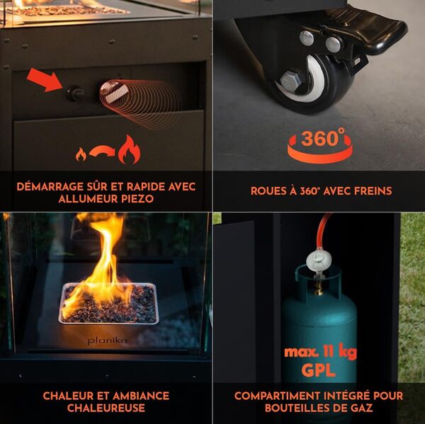 Planika Faro - Foyer Décoratif avec Cheminée pour Jardin - Chauffage de Terrasse au Gaz Propane - Extérieur - Portable - Minimaliste - Noir - avec Hosse de Protection - 8kW