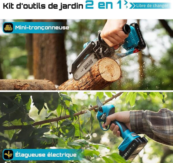 SEESII 6 Pouces Mini Tronçonneuse & 33 mm Sécateur Électrique Sans Fil, 2-en-1 Kit Outil de Jardin avec 2 × 2000 mAh Batteries, Moteur Brushless, Idéal pour Coupe de Troncs et Branches