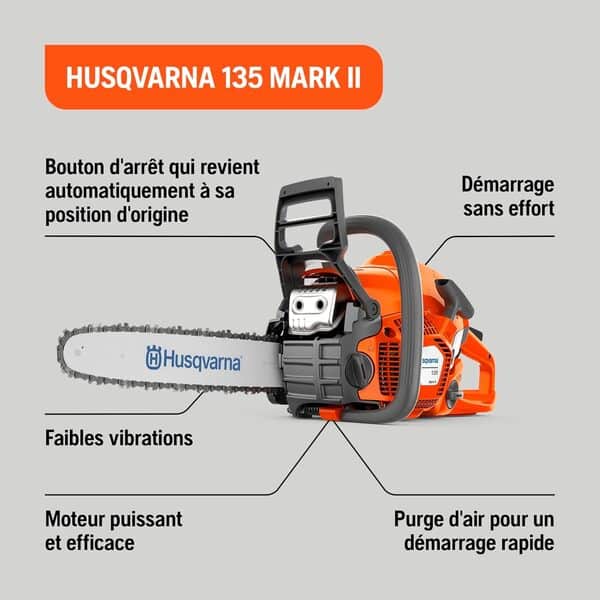 Husqvarna 135 Mark II : Tronçonneuse thermique 38 cm³ X-Torq®, guide 35 cm, LowVib®, Smart Start®, Air Injection™. Idéale pour la coupe de bois de chauffage, l’élagage et l’entretien du jardin.