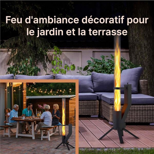 Brasero Exterieur de Jardin – Cheminée Noir, Flamme jusqu'à 1m, Poêle à Pellets Granulés, Chauffage Foyer Extérieur Élégant pour Terrasse, Montage Rapide, lumière innovante
