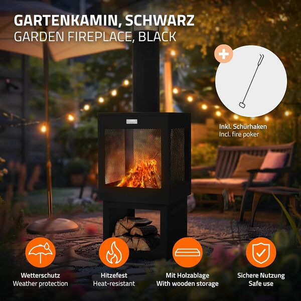 ML-Design Foyer de Jardin avec Cheminée, 128x40 cm, Noir, en Acier, Poêle de Terrasse Extérieur avec Tisonnier, Toit Amovible & Support à Bois, Brasero en Forme de Coupe/Panier à Feu pour Le Camping